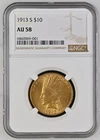 1913-S Indian Gold Eagle $10 Coin - Certified NGC AU58 - Rare - $4,750 Value