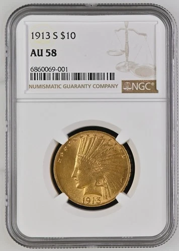 1913-S Indian Gold Eagle $10 Coin - Certified NGC AU58 - Rare - $4,750 Value