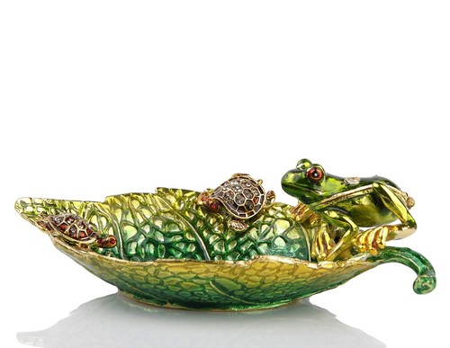 Decorative Leaf Shape Ring Dish Ring Holder with Hand Painted Frog and Sea Tu...