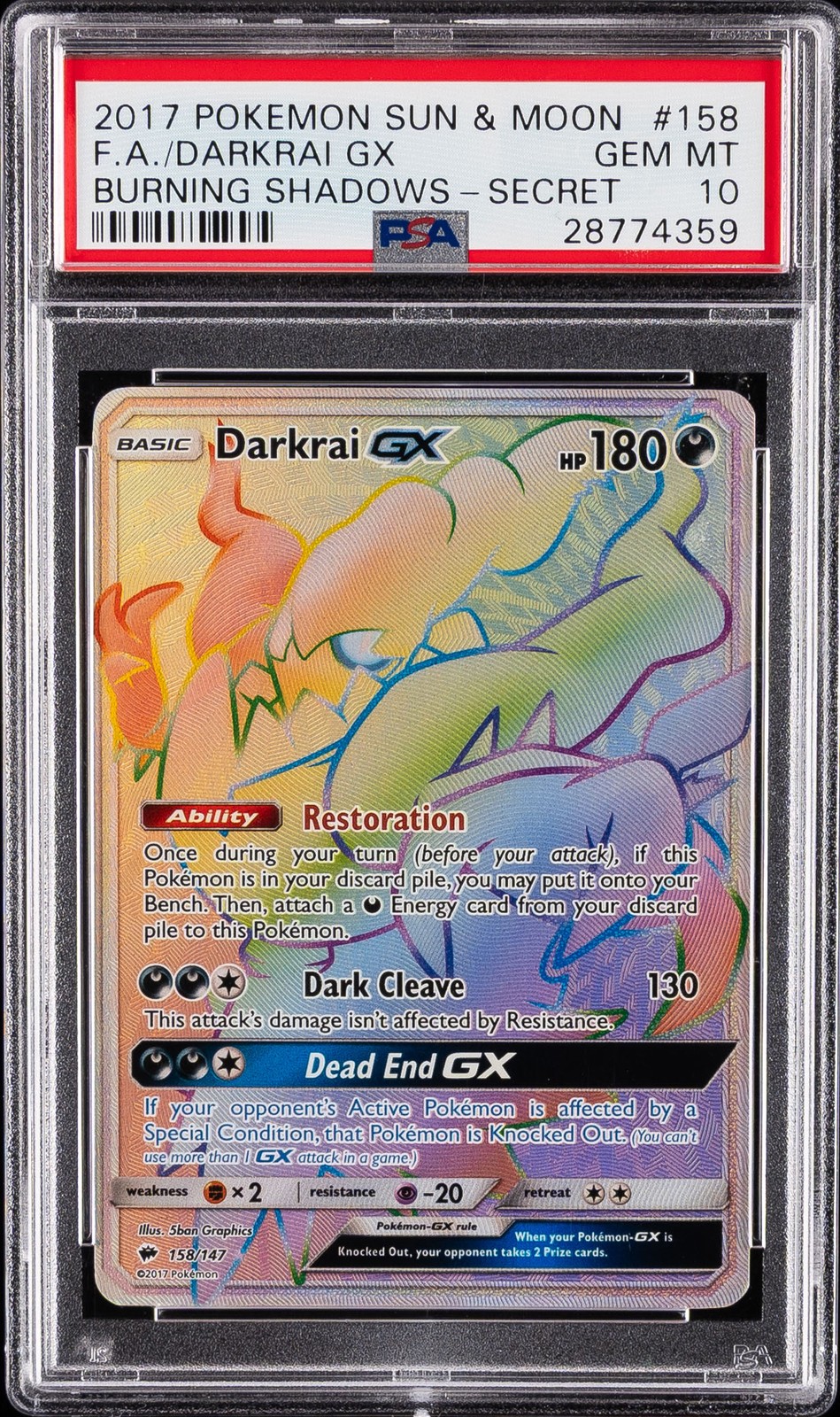 2017 POKEMON SUN & MOON BURNING SHADOWS SECRET #158 FULL ART/DARKRAI GX PSA 10