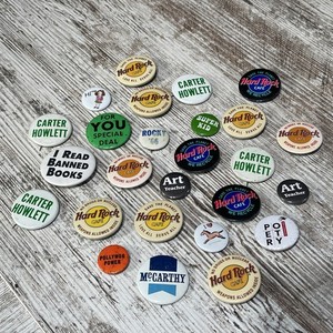 Vintage Button Pin Lot (24x) Political, Hard Rock Cafe, Art Teacher —FAST SHIP!
