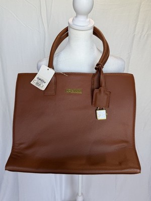 Joy & Iman Cognac Brown Pebbled Leather with Gold Accents Handbag Purse Tote
