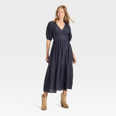 universal thread blue dress Women's Puff Elbow Sleeve Maxi A-Line Cotton Saccity