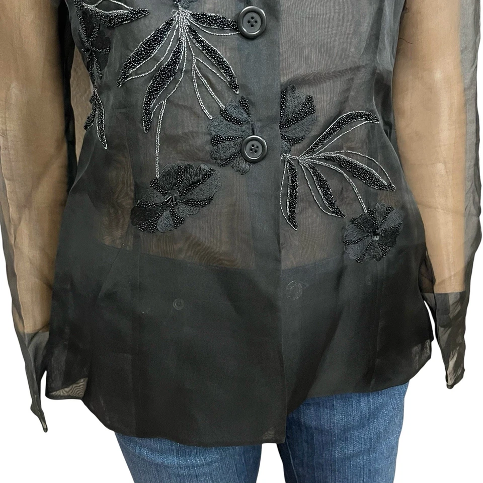 Blusa Tahari Floral Bordada Con Cuentas Talla 4 Seda Organza Transparente Con Botones Foto 2 de 4