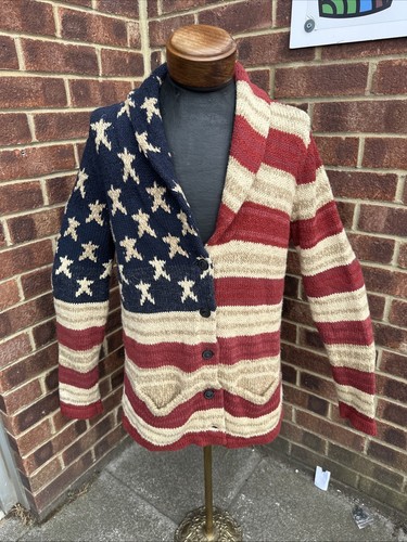 Ralph Lauren American Flag Cardigan Large Women USA Shawl Neck Thick Chunky Knit