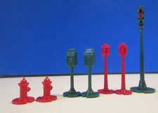 7 Plasticville Items: Fire Hydrants and Alarm Boxes, Mailboxes, Traffic Signal