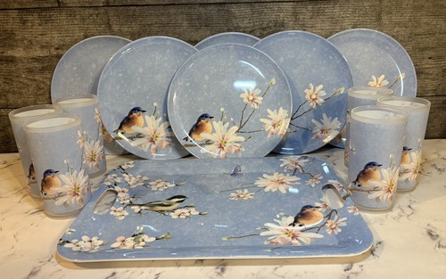 NEW KOHLS BOTANICAL DINNER PLATES TUMBLER MELAMINE PLASTIC SERVING TRAY BLUEBIRD - Picture 1 of 12