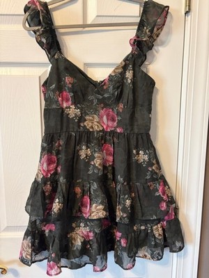 Francesca's Collections Olive, pink Floral Ruffle Tiered Sundress - Roses NWT-M