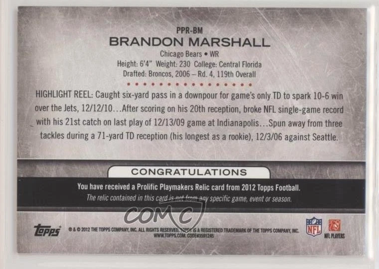 2012 Topps Prolific Playmakers Relics Brandon Marshall #PPR-BM - Image 2 of 2