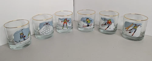 Set of 6 Vintage Ashby Cartoon Skiing Low Ball Whiskey Tumbler Rocks Glasses 70s