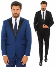 Men's Tuxedo Dress Slim Fit Elegant Rever Spear Full Ceremony Blue Black