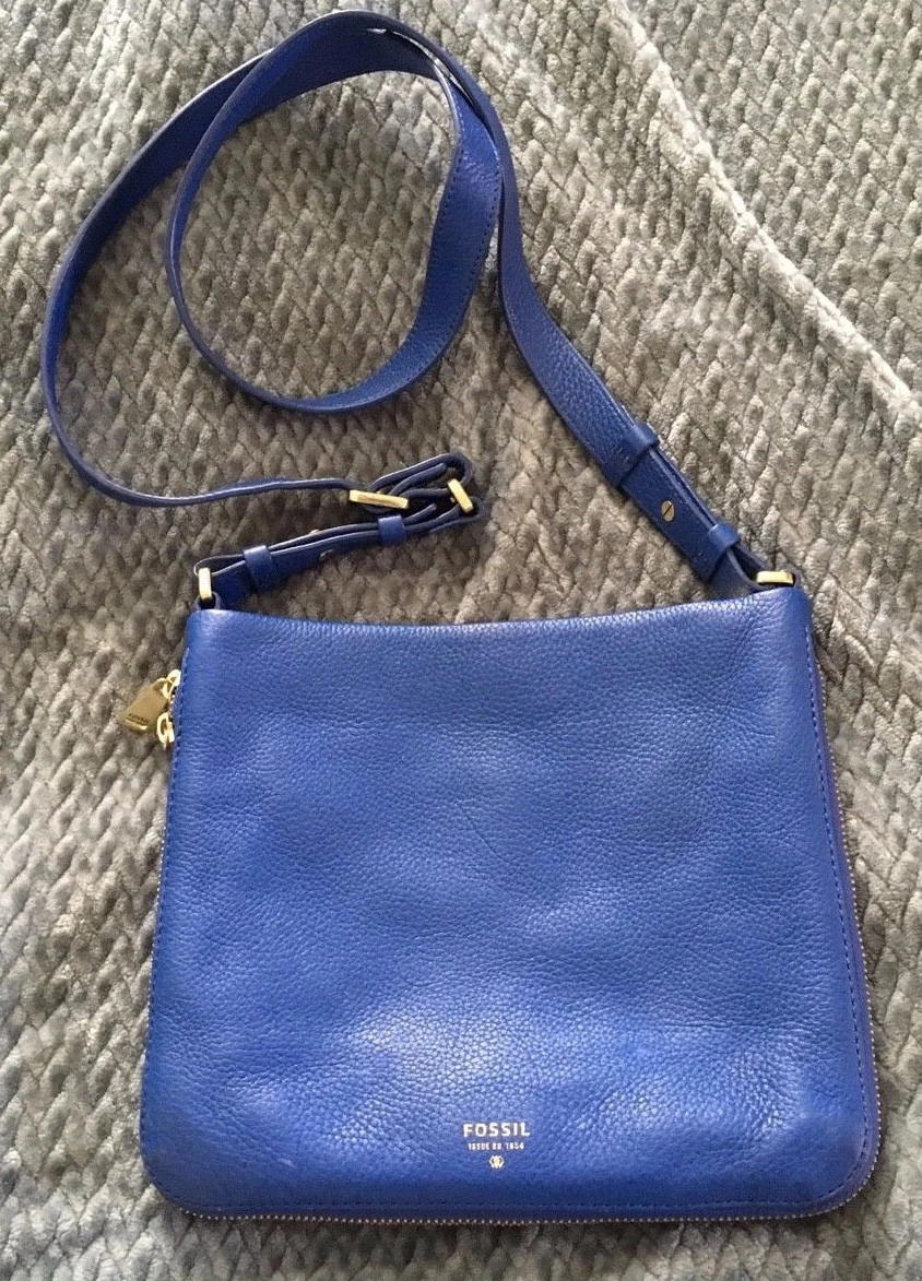 FOSSIL Blue Leather PRESTON Expandable Crossbody Purse Bag NICE