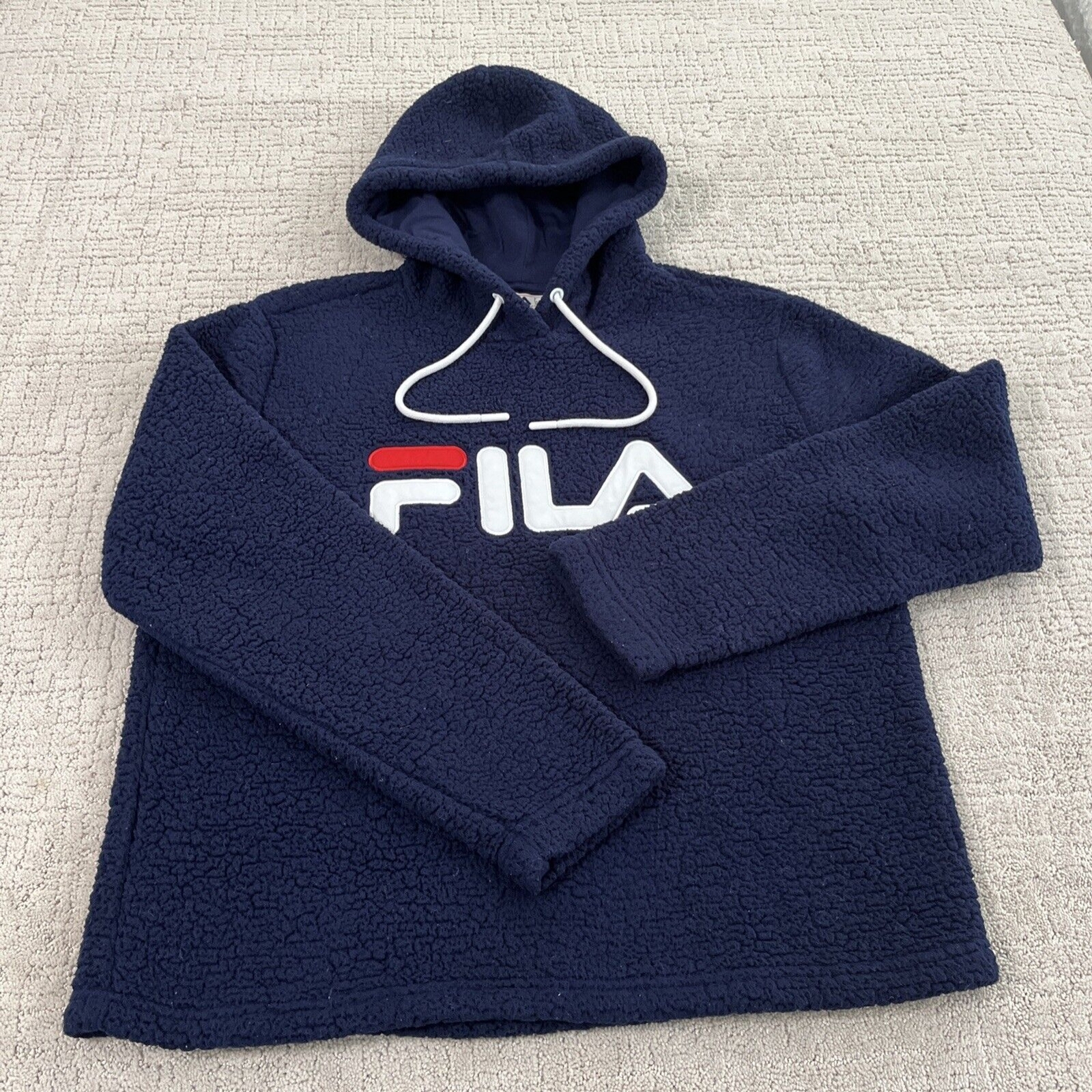 Felpa con cappuccio pullover sherpa pile manica lunga donna blu navy attivo marca FILA taglia L.