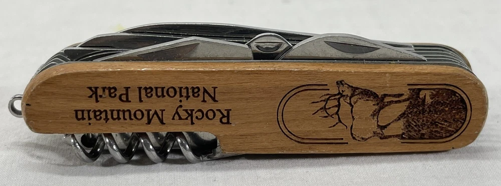 Multi Tool 3 1/2" Pocket Knife Engraved Rocky Mountain National Park Wood Handle
