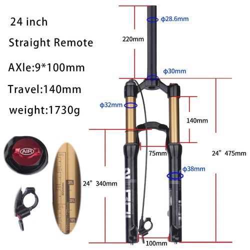 XC Mountain Bike Suspension Air Fork 24in Remote Lockout Manual Control Straight - Picture 8 of 24