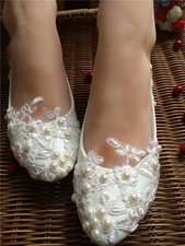 Lace Pearls Bridesmaid Wedding shoes Bridal flats low high heel pump size 5-12
