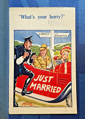 Freche Mike Comic Postkarte 1952 Flitterwochen Polizei gerade verheiratet WAS HAT DEINE EILE