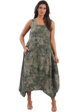 Italian Linen Dress 10-16 One Size New Floral Lagenlook square neck Balloon Hem