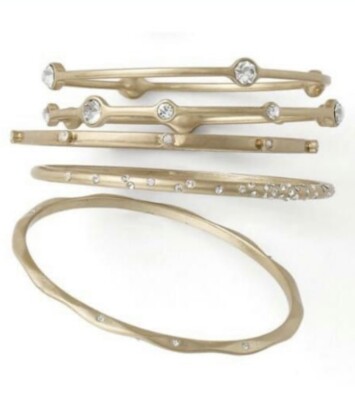 Lia Sophia  For You  Set of 5 Matte Gold Tone w/Crystals Bangle Bracelets Sz S
