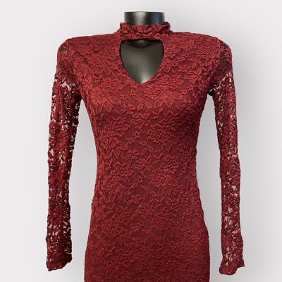 VINTAGE 90s Red Lace Long Sleeve Mini Bodycon Dress Womens sz S Keyhole  Burgundy | eBay