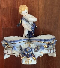 Vintage Porcelain Crown Derby Cherub Double Salt Cellar Dip Blue & White Floral