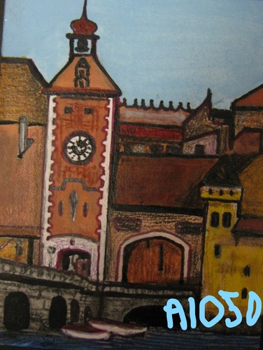 A1050  ORIGINAL ACRYLIC ART ACEO PAINTING BY LJH   "OLD STONE BRIDGE TOWER''