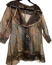 Jerry T Sheer Black Colorful Jacket Coat Womens Medium No Belt. Ws87 Whimsigoth