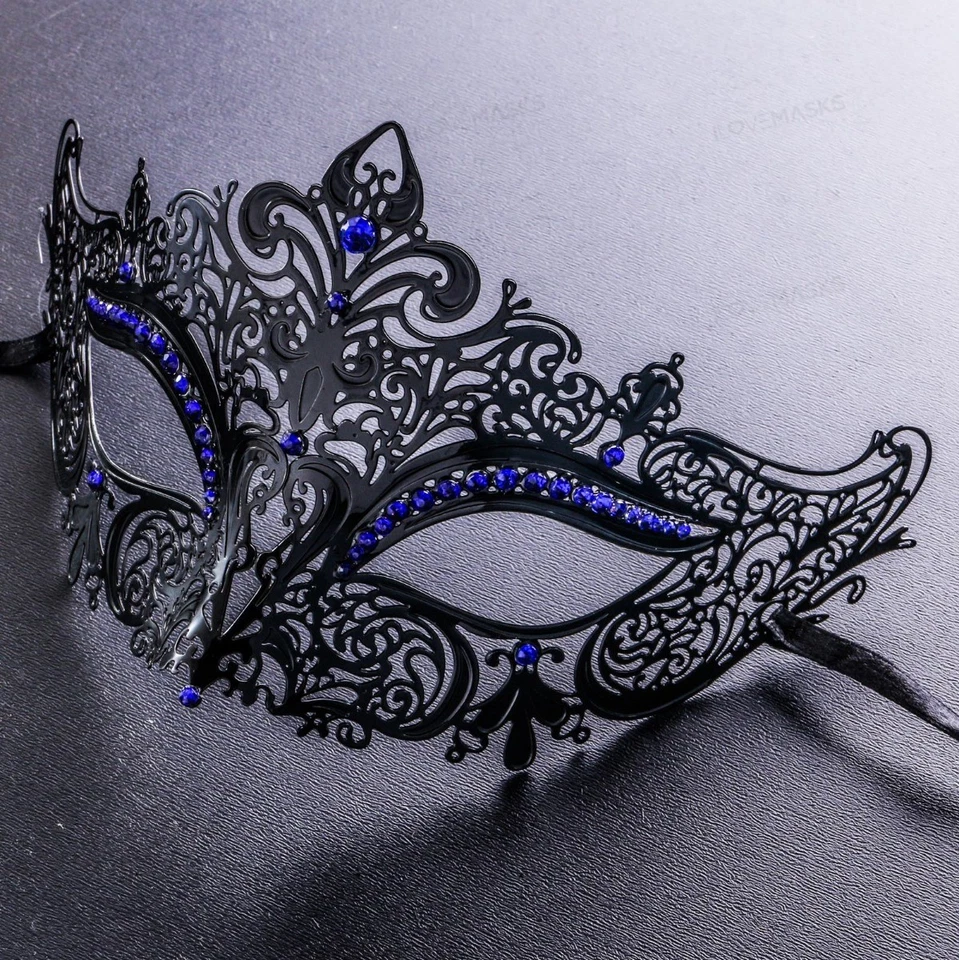 Black Blue Rhinestones Luxury Laser Cut Filigree Women Party Eye Mask Masquerade - Image 2 of 3