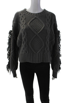 Line And Dot Womens Cotton Blend Knit Fringe Trim Sweater Top Gray Size S