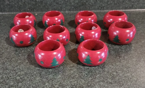 VTG Napkin Rings Red Wooden Christmas Tree Set Of 10