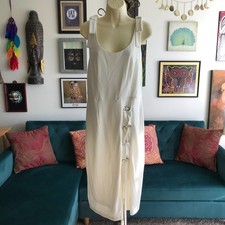 VENUS size L Ivory Stretch Knit Scoop Neck lace Up Detail Dress Lined