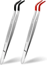 2 PCS Craft Tweezers with Rubber Tips, Metal Sticker Soft Black, Red 