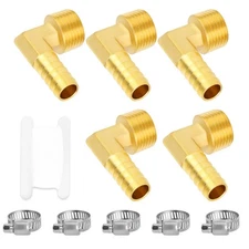 5 PCS 1/4" NPT to 3/8" Barb Brass Hose Barb Reducer 90 Degree Elbow with Clamp