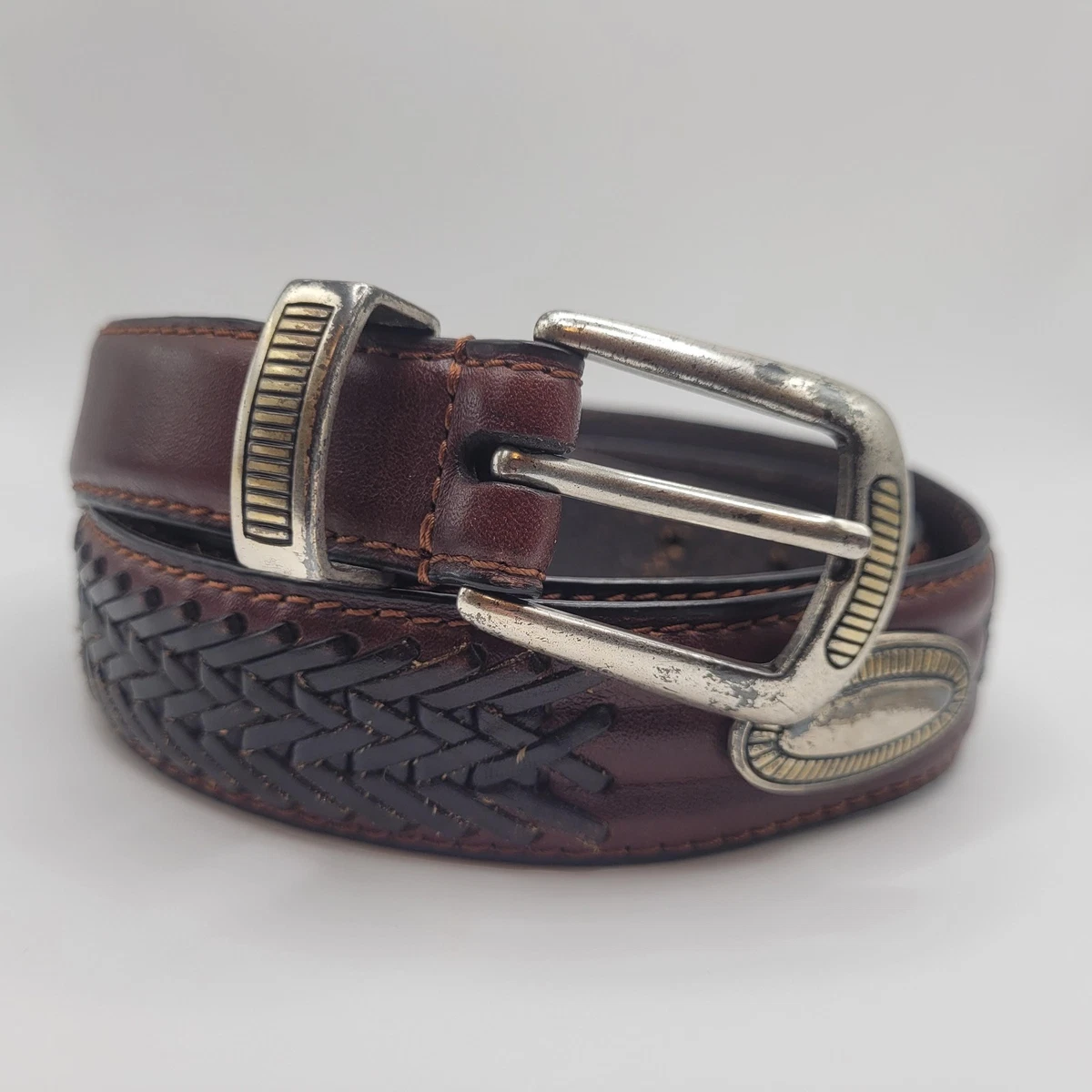 Fossil vintage brown leather braided western style silver accent belt Vintage Fossil Women main image 2
