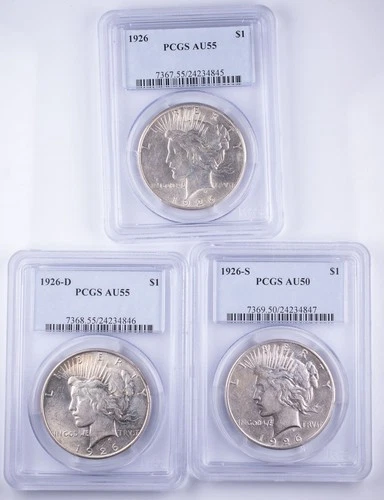 PCGS 1926 PDS AU50 AU55 Peace Dollars Silver $1 Lot of 3