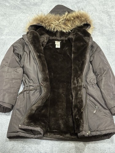 Bonpoint Girls Parka Hooded Jacket With Fur Trim Brown Sz S