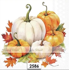(2586) TWO Paper LUNCHEON Decoupage Art Craft Napkins - PUMPKINS LEAVES AUTUMN