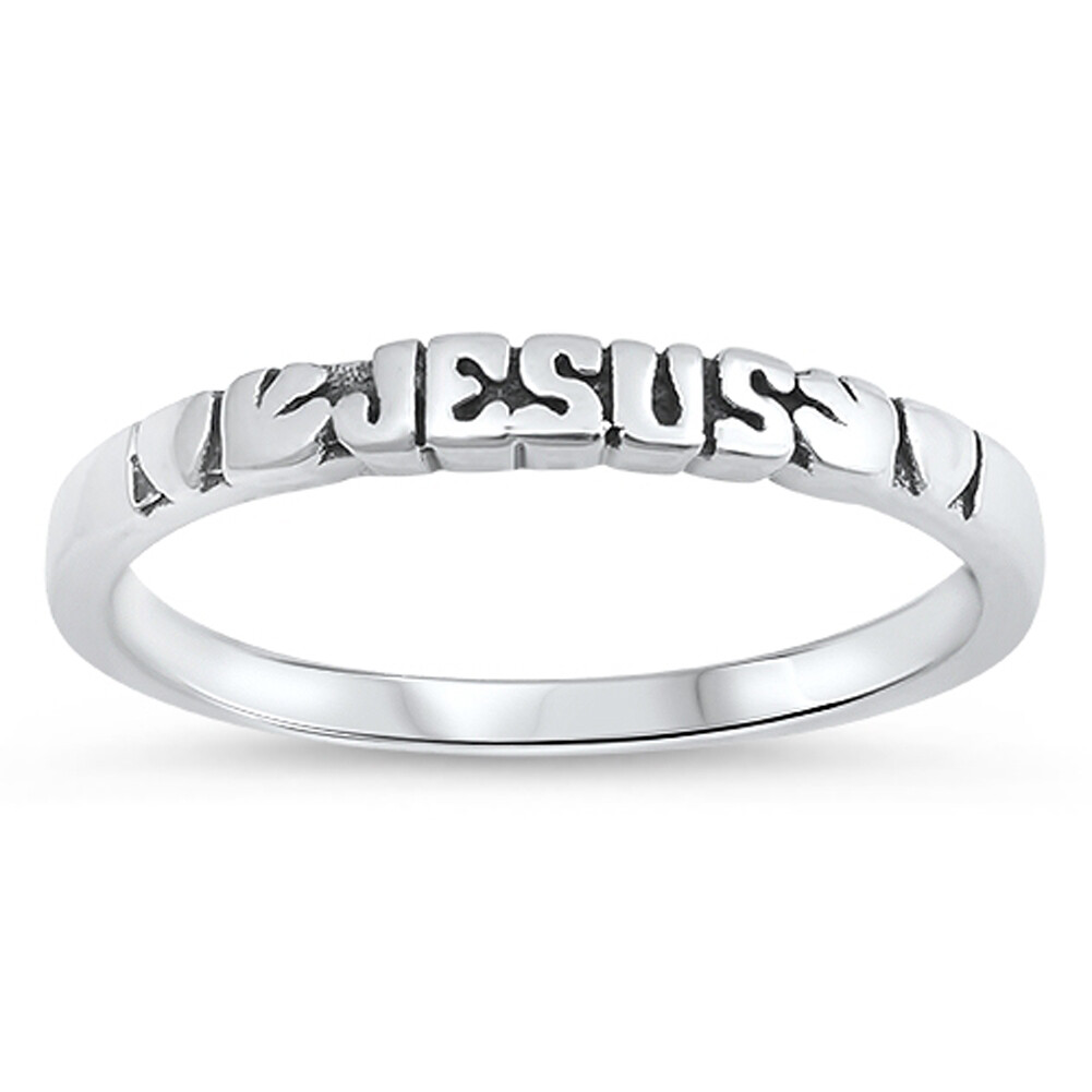 Oxidized Jesus Dove Heart Stacking Ring - .925 Sterling Silver Band In Sizes 4-9