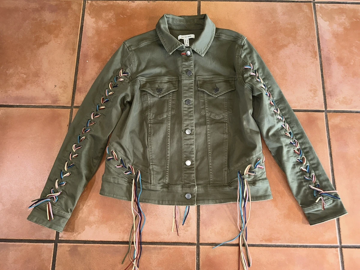 EUC Peace Love World Jean Jacket Womens Sz S Olive Green Braided Fringe Button