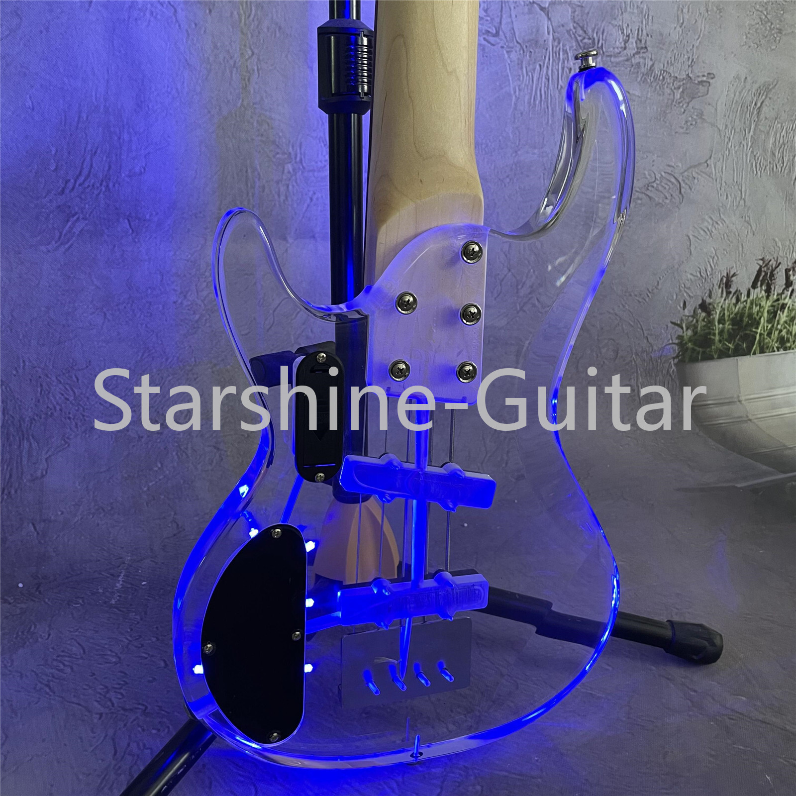 Acrylic Body Blue Light Electric Bass Guitar 5 String Maple Neck Fast