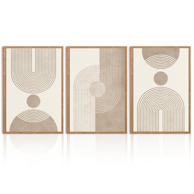 BINCUE Beige Neutral Canvas Wall Art Framed Geometric Abstract Wall Decor Mid...