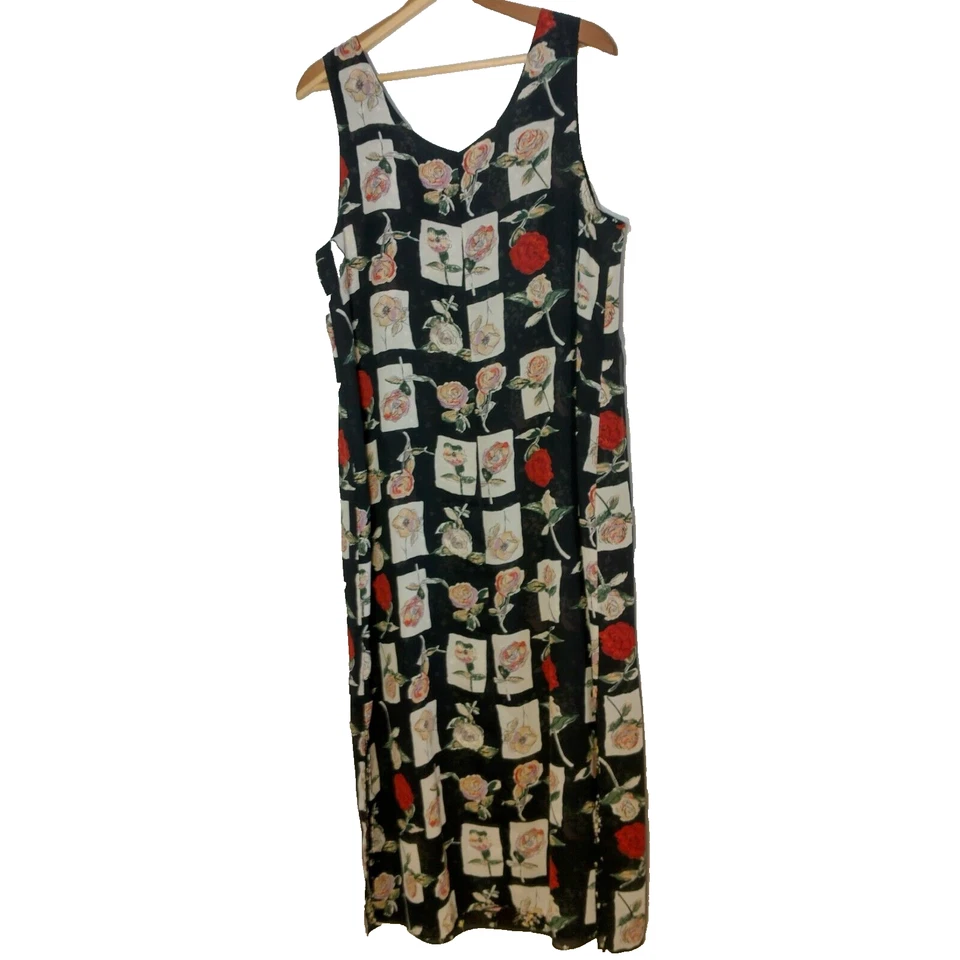 Impressions Reversible Dress Size Large Semi Sheer Rose Floral Black Sleeveless Foto 2 de 4