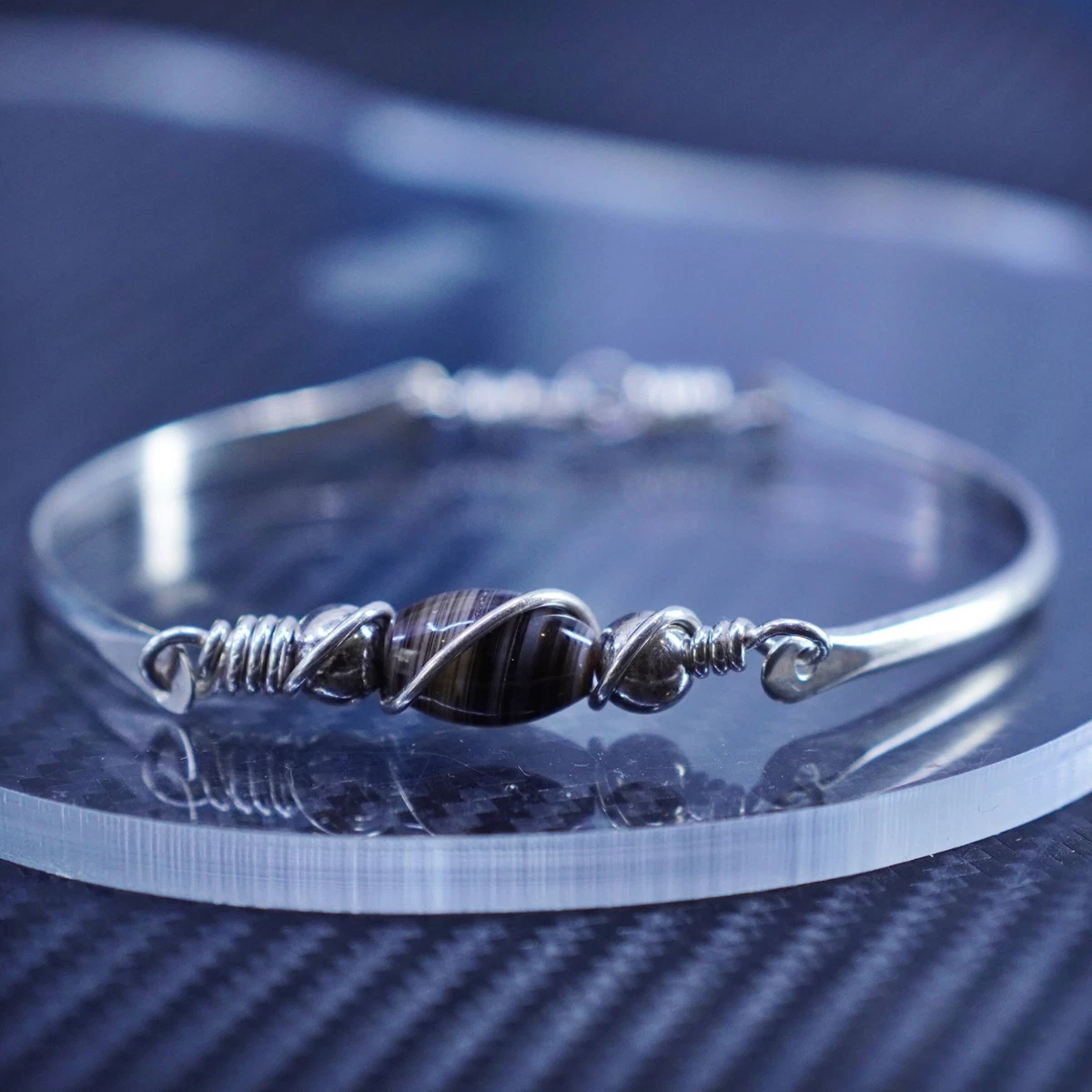 6.75”, sterling silver 925 handmade curvy bangle, bracelet with glass charm