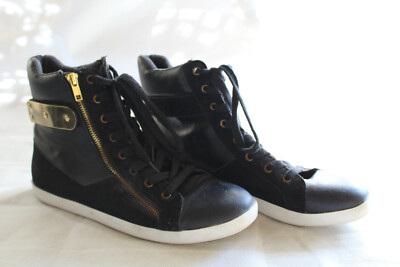   SIZE 39 MATERIAL GIRL BLACK LEATHER GOLD TONE CONTRAST HIGH TOP TRAINERS