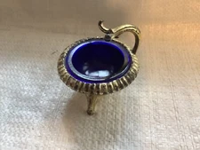 Vintage Salt Cellar, Cobalt Blue w/Gold Tone Stand