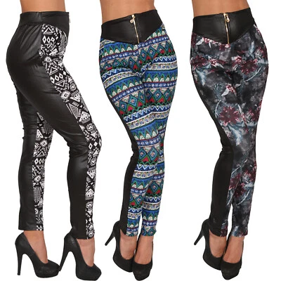Leggings Hose Leder Imitat Karo Pepita High Waist Jeggings Reißverschluss Damen - Bild 1 von 4