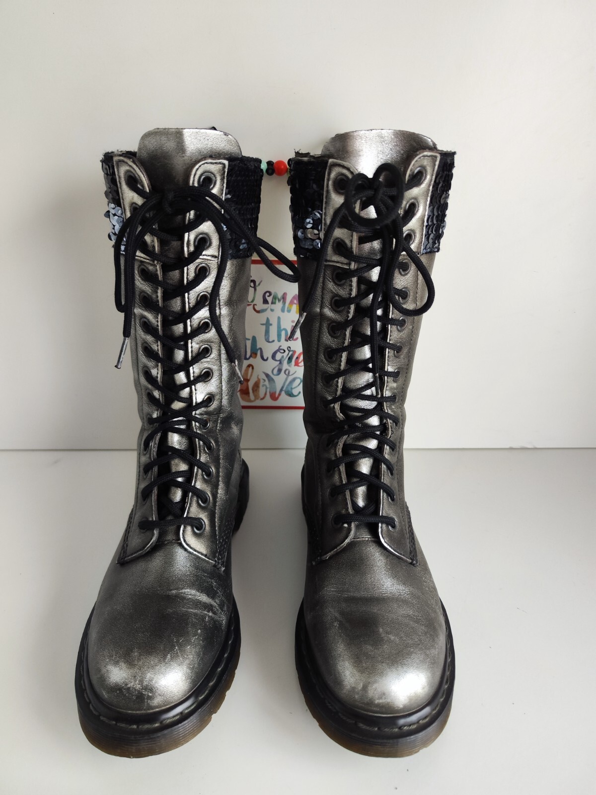 Rare Dr Doc Martens 1914 sequin Seqn 14 eye silver midcalf  boots UK6 EU39 US8 image 5