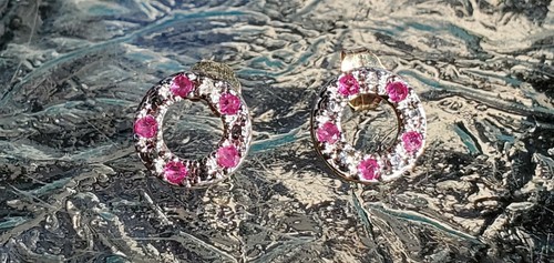 Ruby Round Cut & Diam Circle Earrings 10KT Solid White and Yellow Gold - Picture 5 of 12