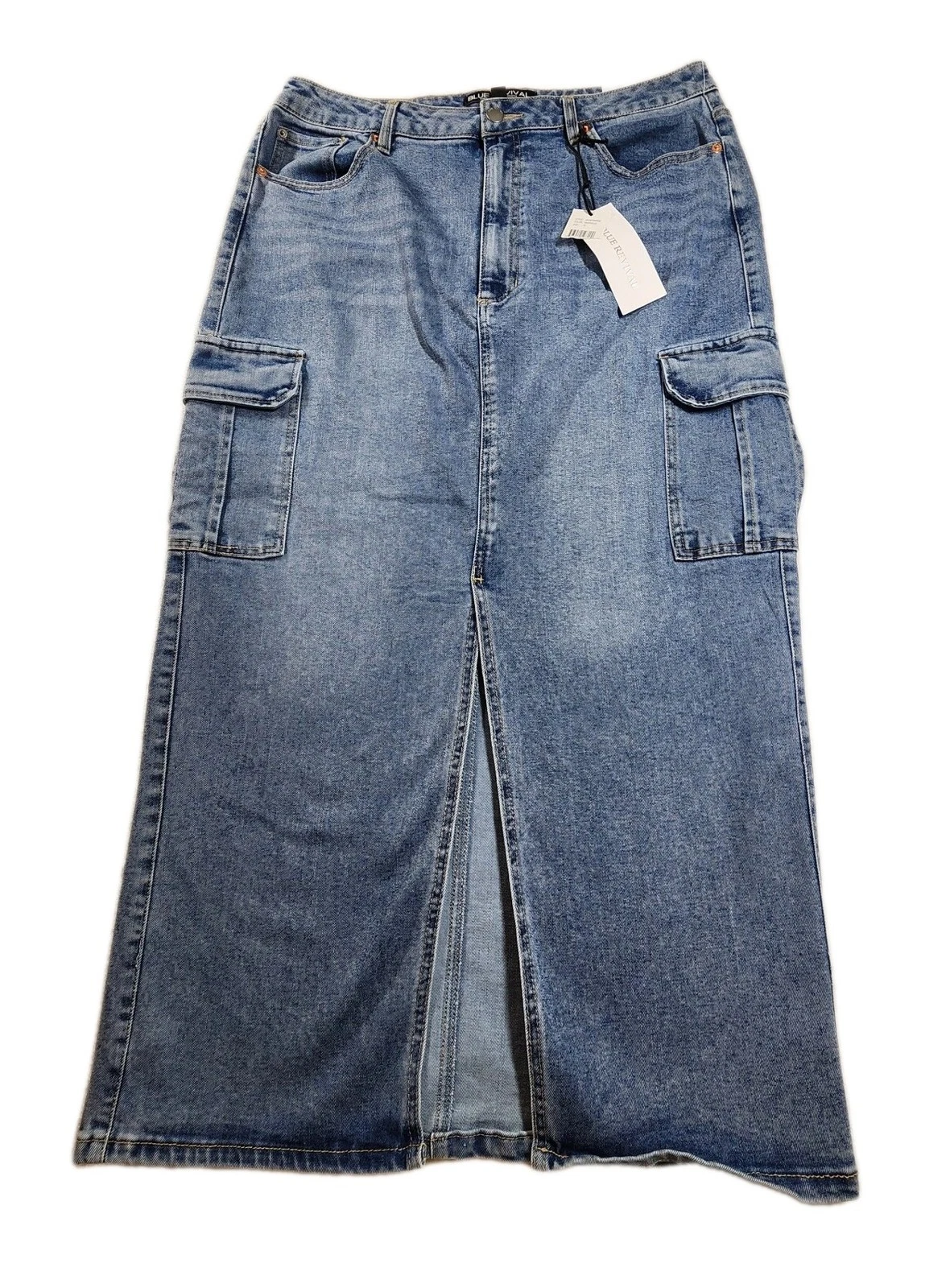 BLUE REVIVAL Womens Denim Mid Rise Cargo Maxi Jean Skirt Size 31 Recycled NWT