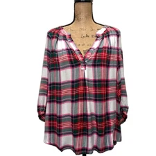 NWT Crown & Ivy Icon Peasant Blouse Christmas Red Metallic Plaid Plus Size 1X
